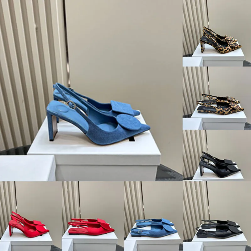 Sandales de créateurs Femmes Slingbacks Pumps Circle Square Decorativ Bleu Denim Square Talons 7,5 cm Sandale sexy Sandale Baotou en cuir en cuir Soil Robe de luxe chaussure plate