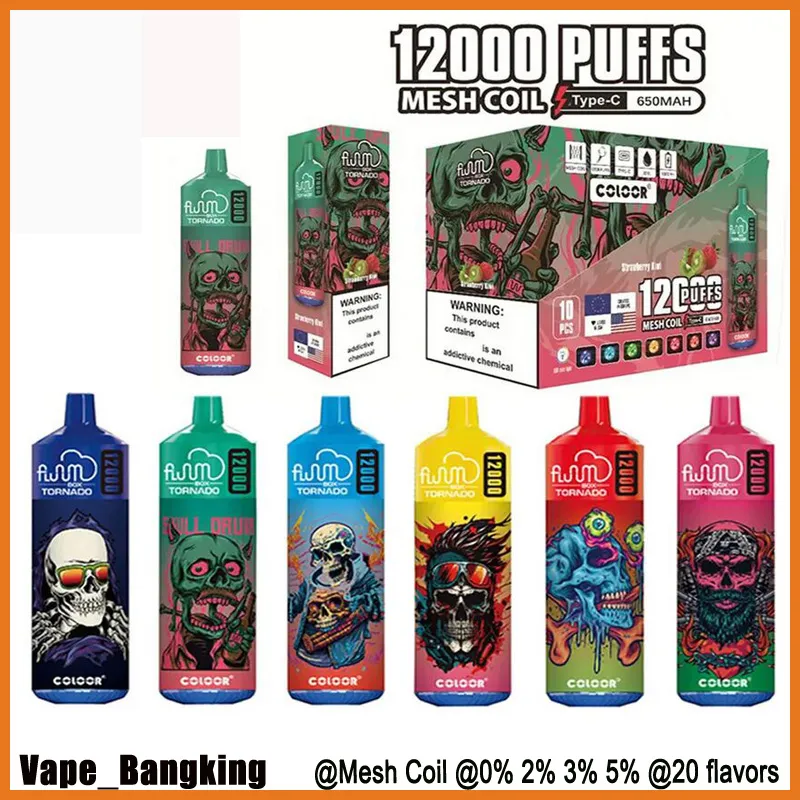 Fluum Tornado Box 12000 Puffs E papierosy Zestaw rozruszny 12K duże waporyzatory jednorazowe Vape Cewki Cewki LED 650 mAh Bateria do ładowania 20 ml wstępnie splątane strąki