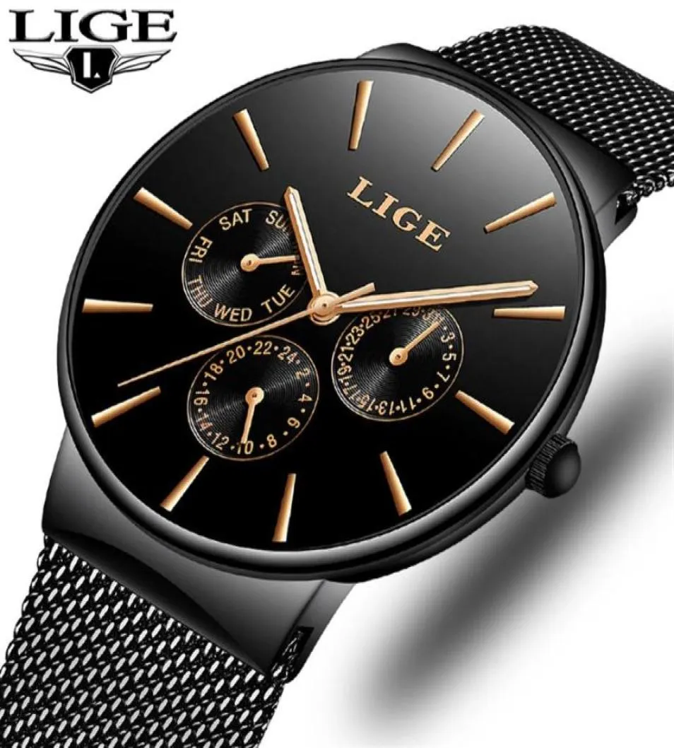 Mens relógios Lige Top Brand Luxuja à prova d'água Ultra Fin Date Relógio Masculino Strapra de aço Casual Quartz Men Sports Watch Watch C19010306744665