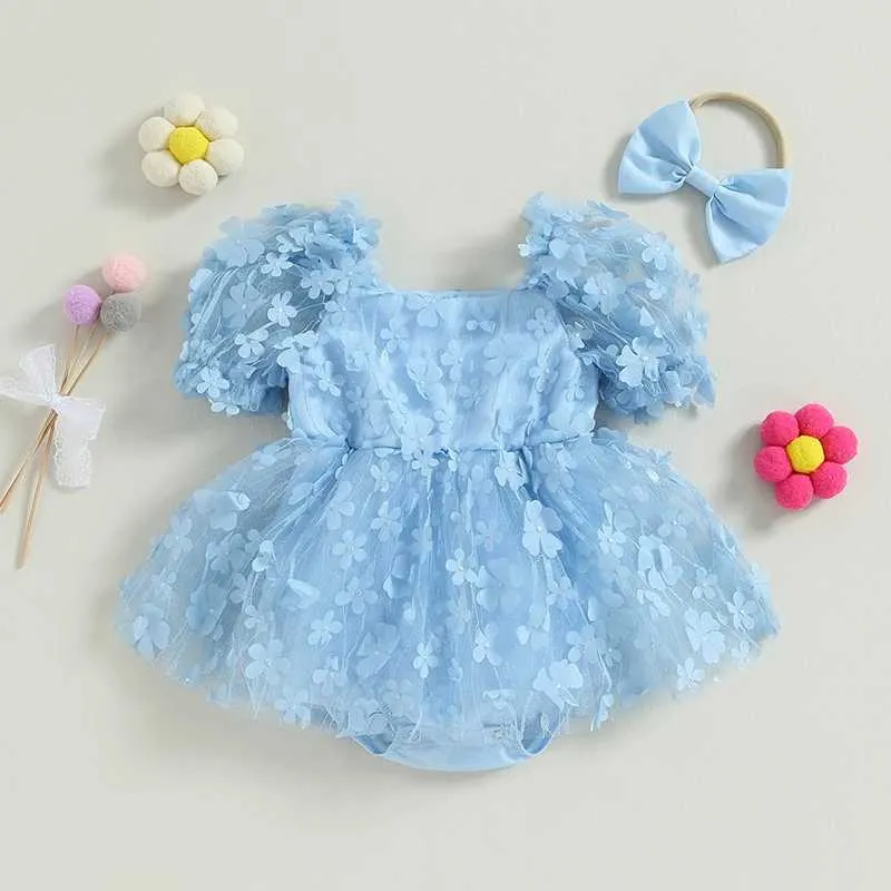 Rompers Baby Clothing Girl Girl Princess Bodys Robe 3D Flower Puff Short Sleeve Tulle Tutu avec bande de bande H240507