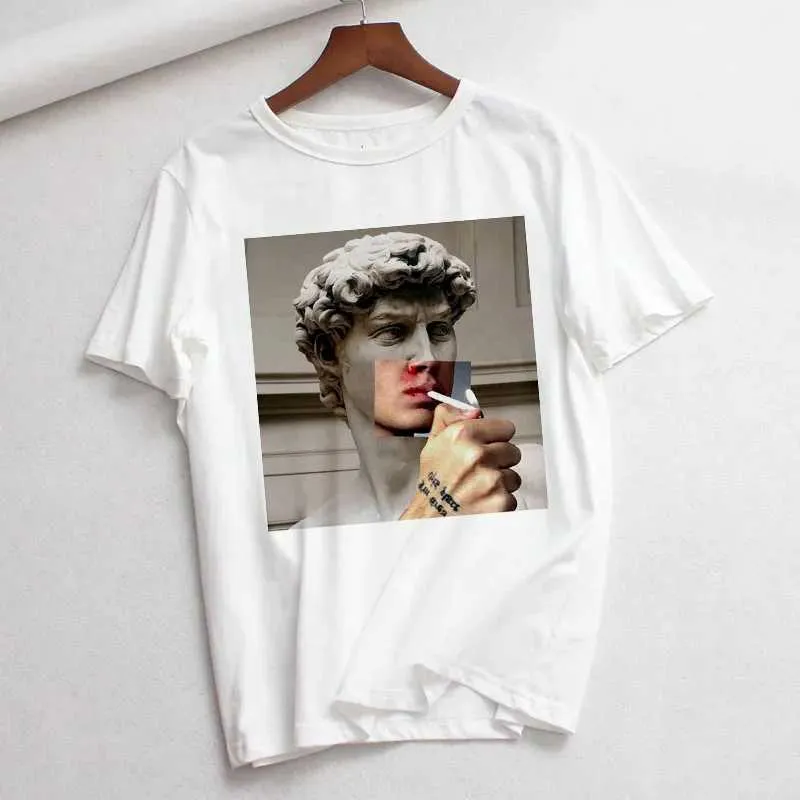 Frauen T-Shirt Harajuku Womens T-Shirt T-Shirt Casual Kurzarm Hippie T-Shirt lustig David Michelangelo Raucherdruck modische Frauenl2405