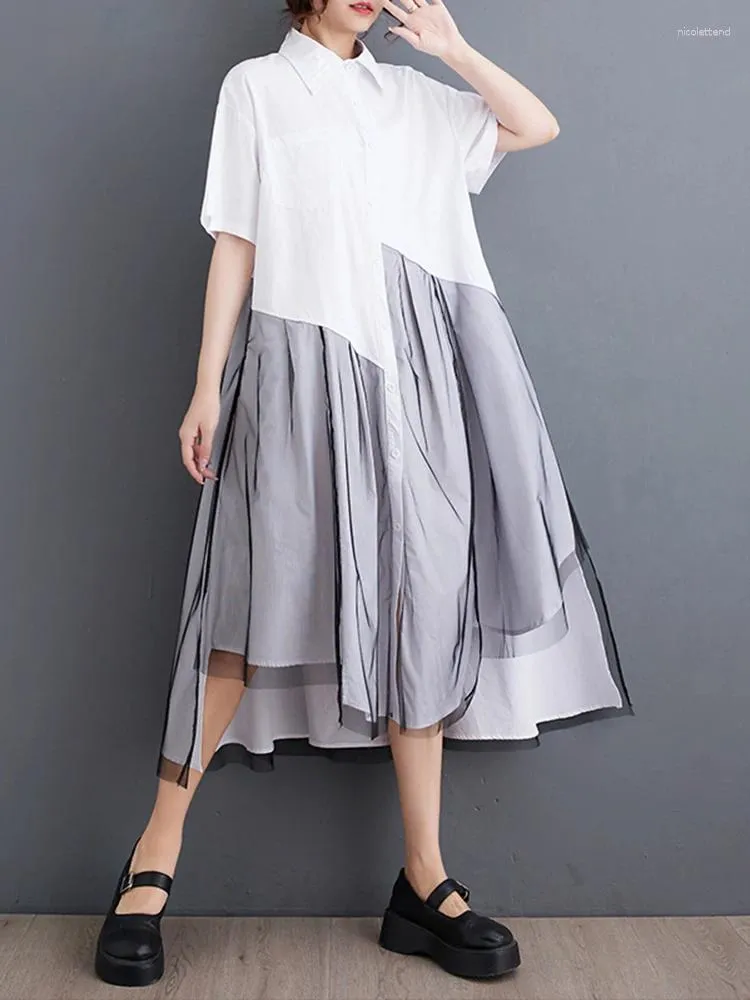 Feestjurken xitao onregelmatige shirt jurk eenvoud casual mesh patchwork asymmetrische zoom 2024 zomeromslag kraag lyd1908