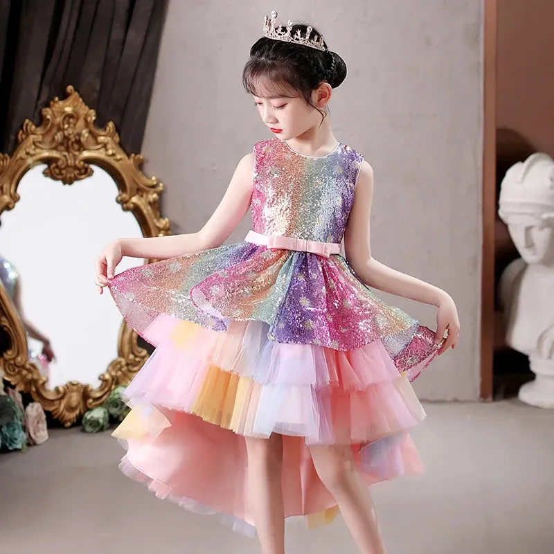 4-12 Girls Sequin Cake Dress Wedding Party Tail Elegant Princess Sleeveless Childrens Dress 240424