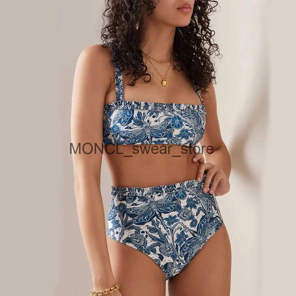 Women's Swimwear Blue Print Fashion Bikini Two Piece Swimsuit Separate Bandeau High Waist Womens Bathing Suit Summer Beachwear Backless H240507