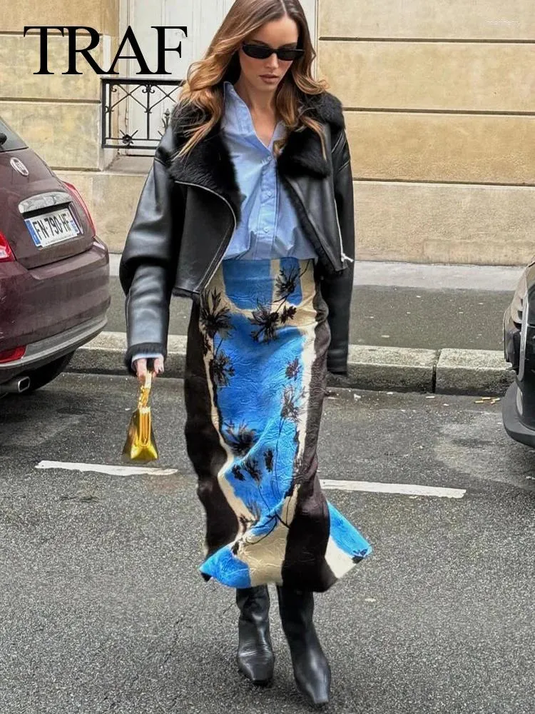 Rokken 2024 Zomer Vrouw Blue Gedrukte vrouwen Potlood High Tailed Zipper Vlucht achter vrouwelijke midi lange rok Y2K streetwear