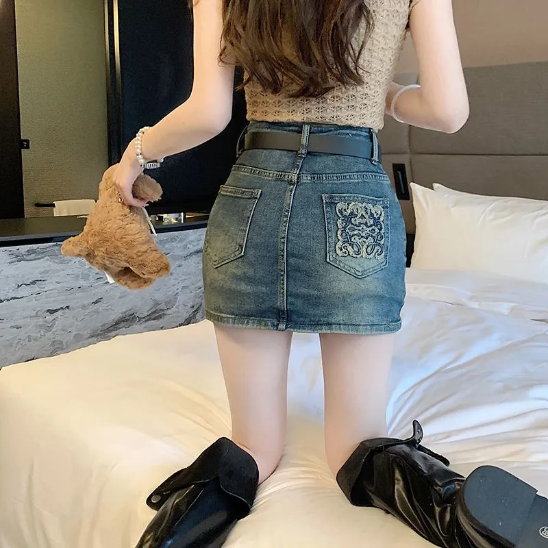 Denim Mini Skirt | Embroidered Logo | High-Waisted A-Line
