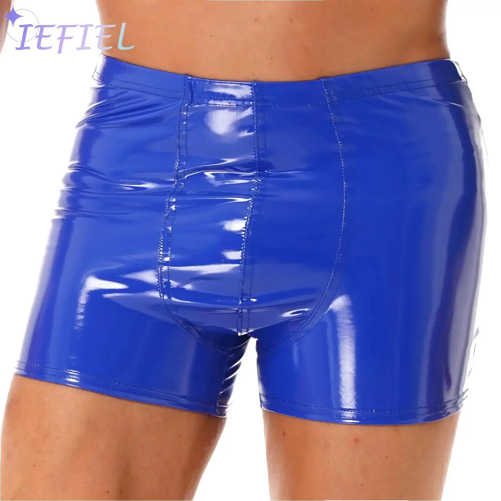 Men Latex PVC Shiny Leather Solid Shorts Pole Dance Costume Bulge Pouch Boxer Briefs Underpants Underwear Short Pants Clubwear 240506