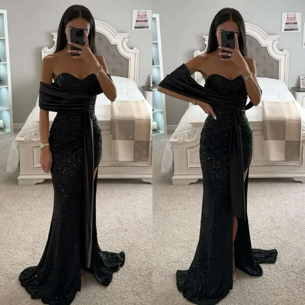 Prom glitter sweetheart zeemeermin zwarte pailletten avondjurk elegante backless formele jurken avond special ocn spleet beloning feestjurken es jurk