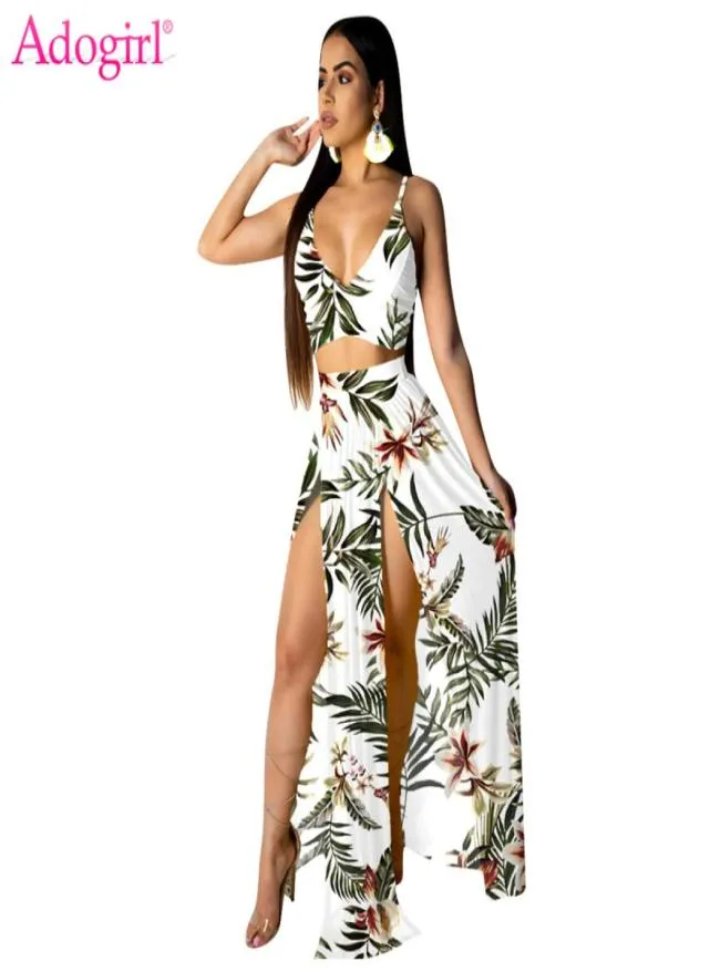 Adogirl Floral Print Two Piece Set Women Summer Beach Dress Spaghetti Straps Crop Top High Slit Maxi kjol med trosor Suit4794500