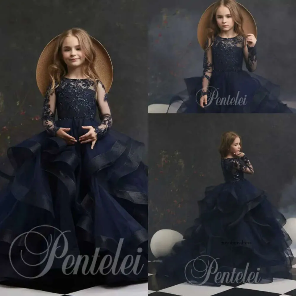 Dreamly A Line Flower Girl Jewel Long Sleeve Lace Applique Crystal Tiered Pageant Dress Floor Length Girl's Birthday Part 0431