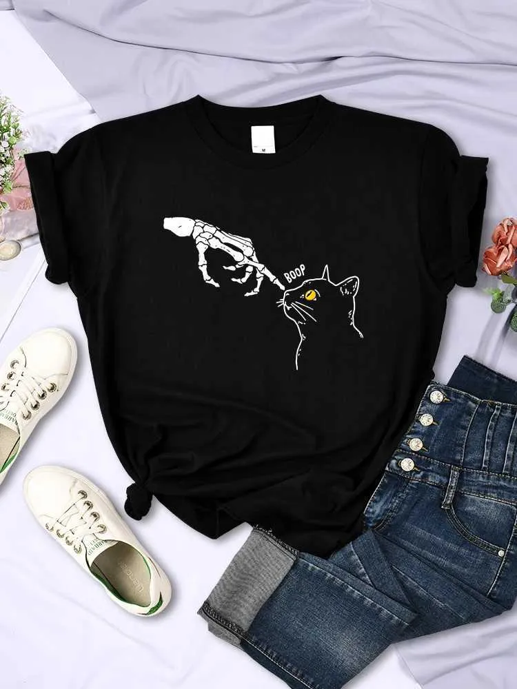 Damen-T-Shirt-Skelett mit dem Katze Spaß gedrucktes T-Shirt Womens Fashion Casual Kurzärmeled Sommer atmungsaktives T-Shirt Cartoon T-Shirtl2405