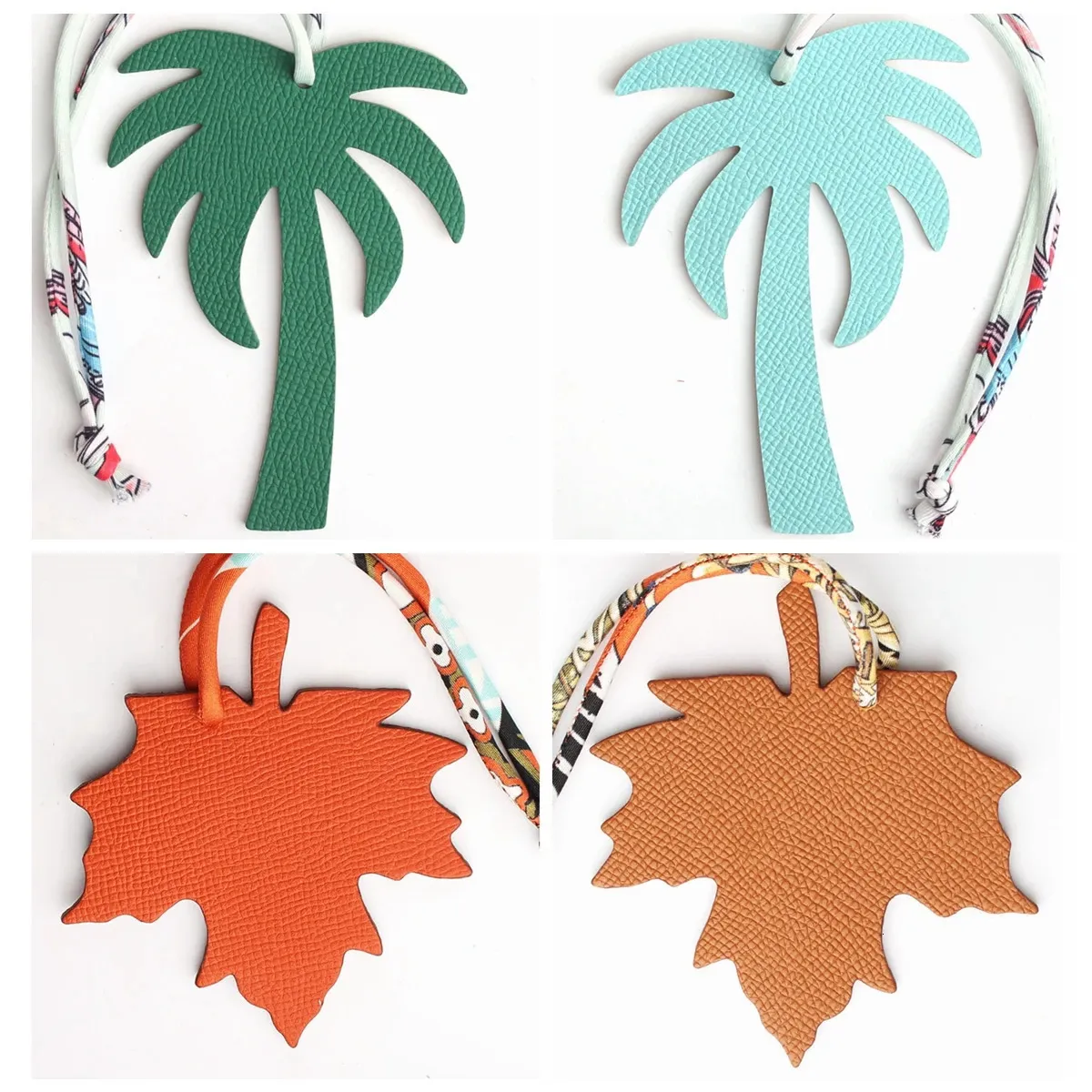 Double Faces Silk Ribbon Full Real Genuine Leather Palm Tree Maple Leaf Keychain Key Chain Women Bag Charm Backpack Pendant 240428