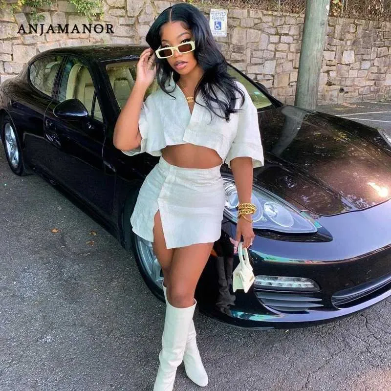 Two Piece Dress ANJAMANOR Cotton Linen White Shirt Mini Skirts Sexy Short Set Womens Summer 24 Going Out D18 DB20 T240507 From Us juneau 5.2 DHgate.Com