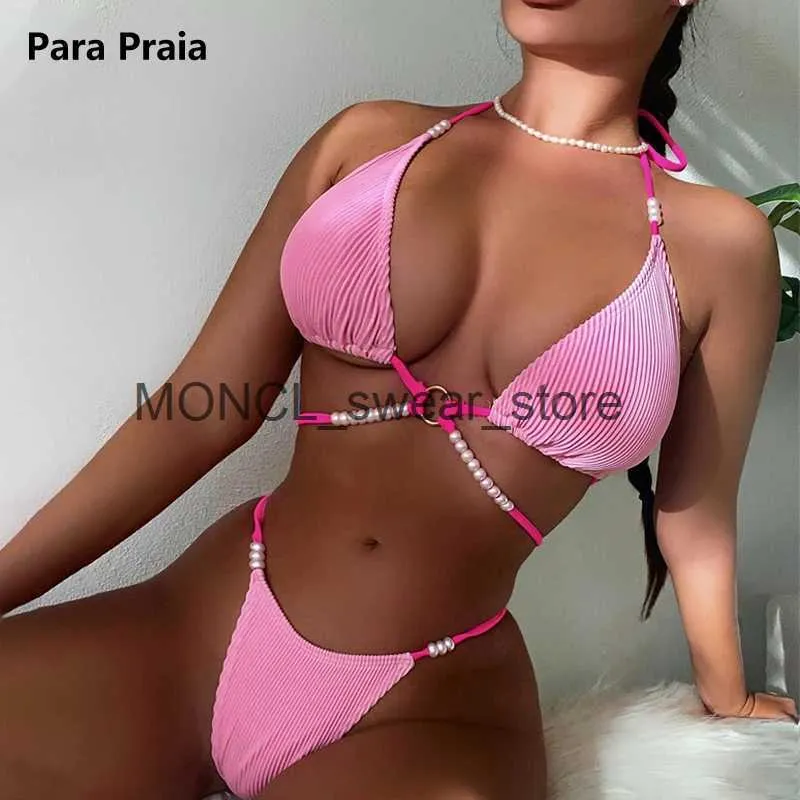 Swimwear féminin Para Praia Hot Pearl Halter Bikini Femme Swimsuit 2023 Femmes Cross Bandage Set Bathing Costume H240507