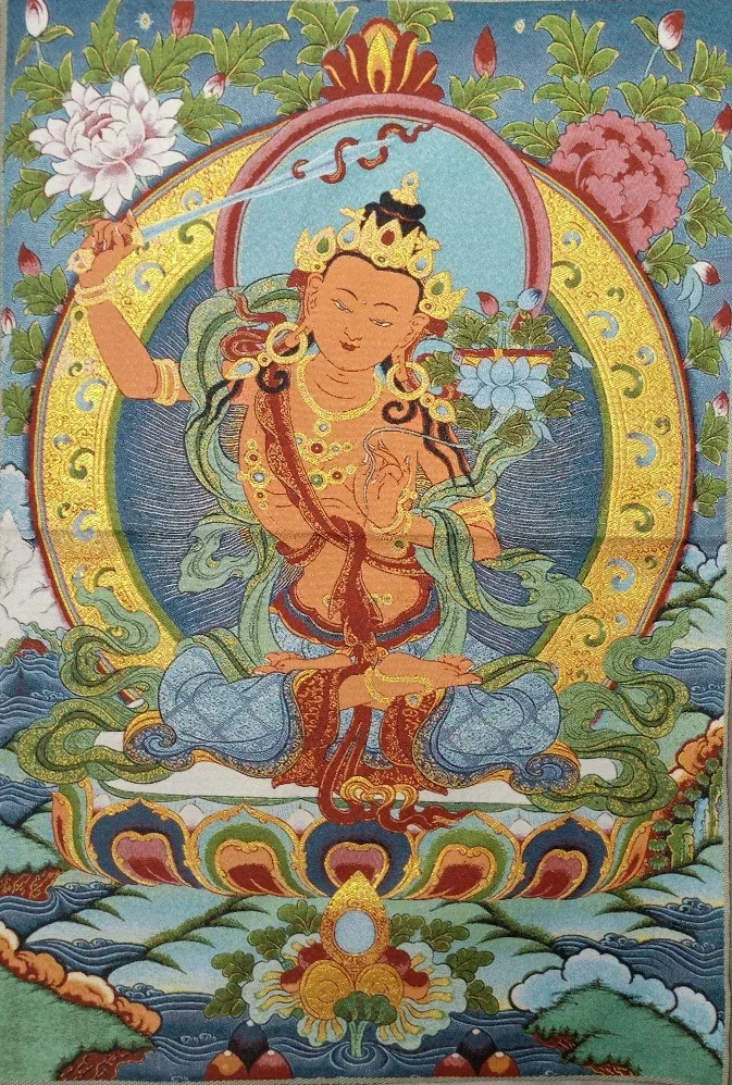 Tillbehör 36 "Tibet Tibetan broderad tyg Silk Buddhism Manjuri Bodhisattva Tangka Thangka Mural Buddha Home Decor