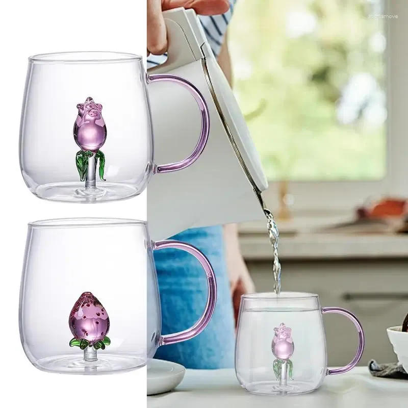 Tasses rose tasses en verre tasse de café résistant à la chaleur créative tasse de consommation 3D avec thé en cristal lavable aux fraises pour filles