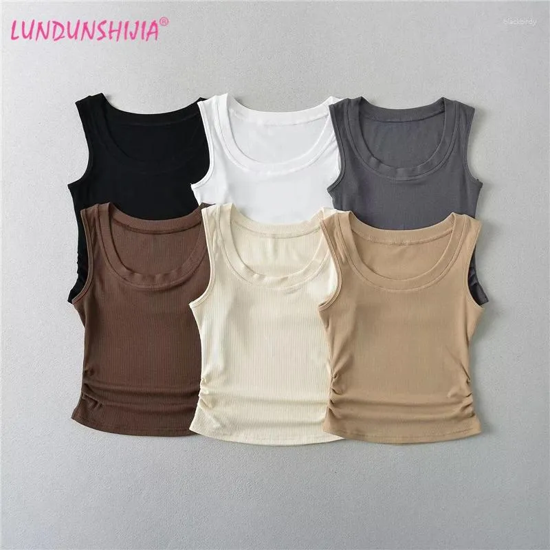 Tank da donna Lundunshijia 2024 Arrivo estate donne pieghe solide canotte da donna di buona qualità camisole di cotone 6 colori