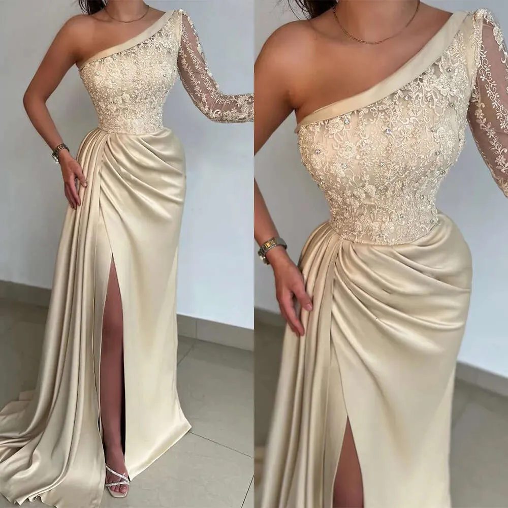 Mermaid Empire Wunderschöne matte Prom-Satin-Kleidersgurt Rirche One-Shoulder-Zug ein Ärmel maßgeschneidertes formales Abendkleid Fege Plus Größe