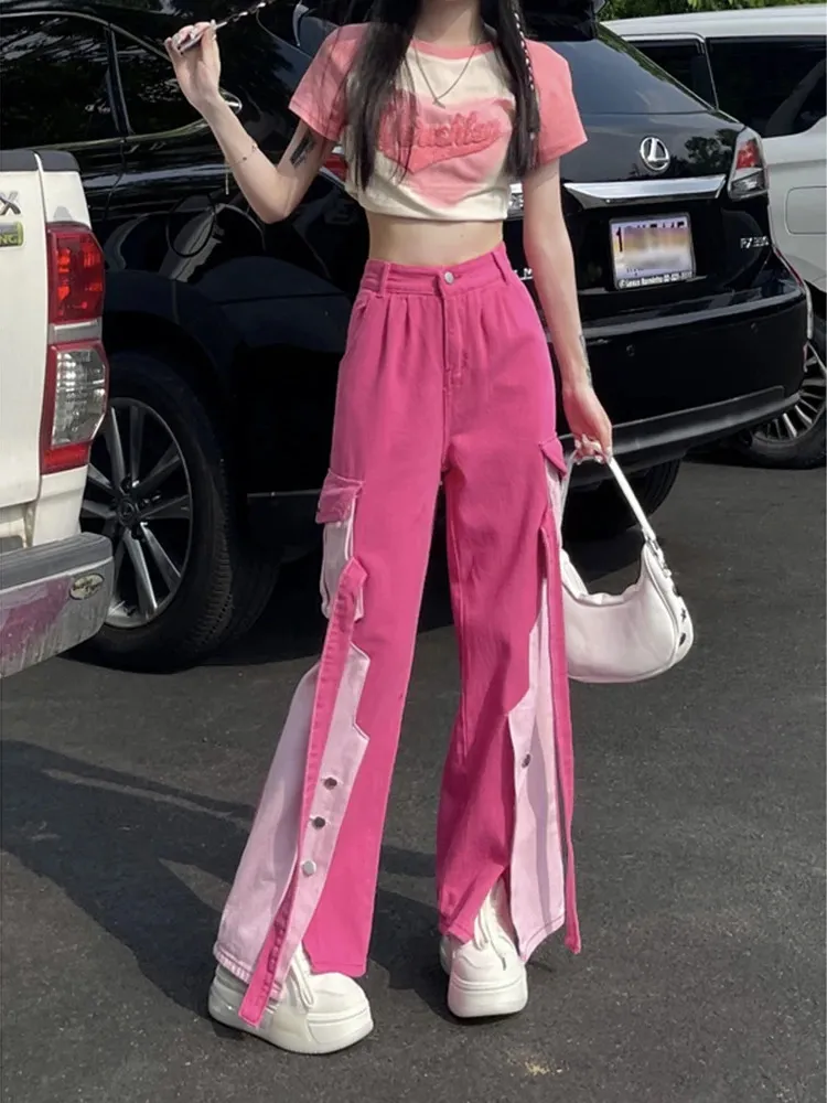 Pantaloni da carico da donna rosa sciolte pantaloni larghi coreani pantaloni in vita alta moda pantalones anchos y sueltos mujer 240506