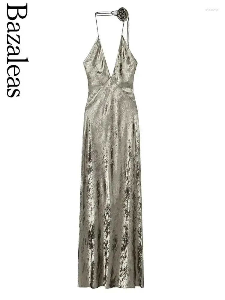 Robes décontractées 2024 Bazaleas Store officiel Foil d'or sexy robe longue Robe Backless Floral Chocker Maxi Party