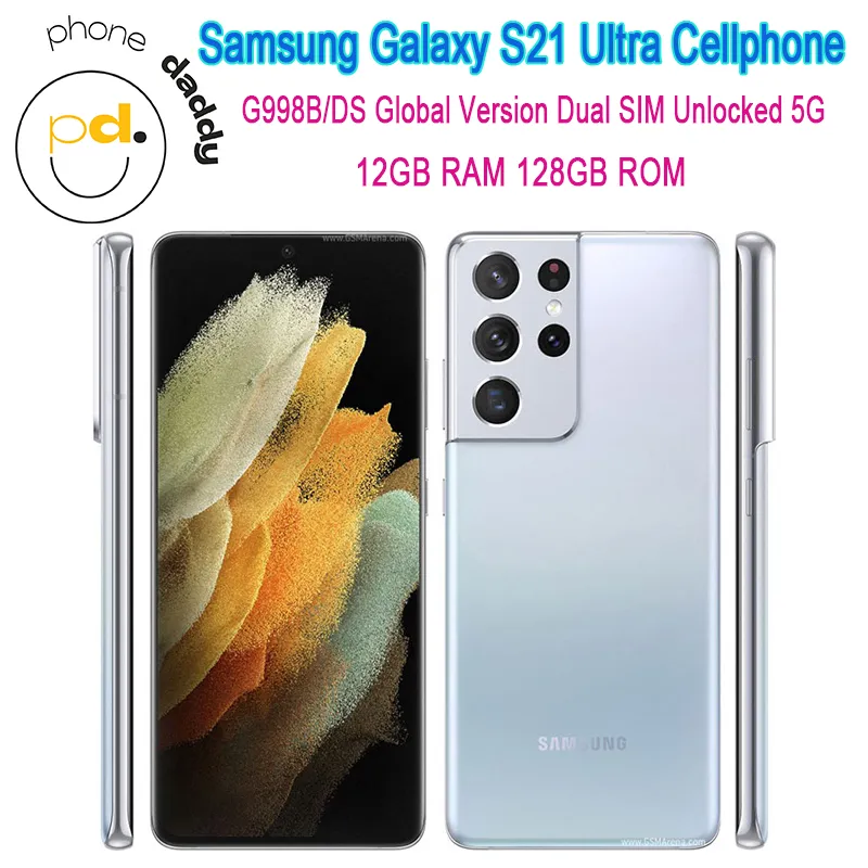 Оригинальный Samsung Galaxy S21 Ultra 5G G998B/DS Global Version Разблокированная телефон 6,8 "Octa Core 12 ГБ RAM Snapdragon 888 128 ГБ двойной SIM -симе Mobilephone