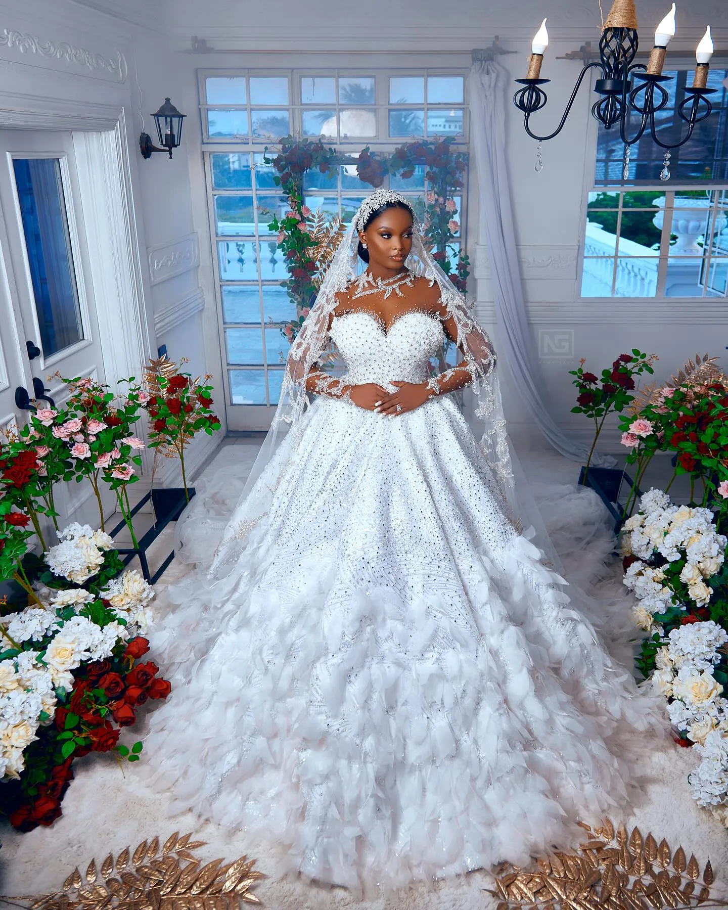 Long sleeve feather wedding dress hotsell