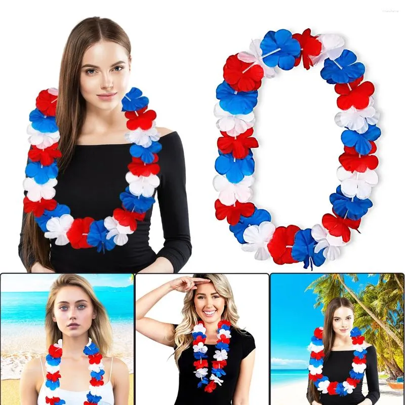 Fleurs décoratives 10pcs Colliers patriotiques hawaii leis 4 juillet Couronnes de fleurs de soie danse Garland floral pour l'indépendance Day Beach