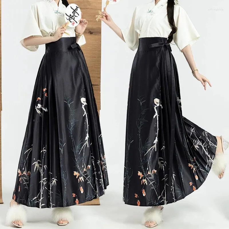 Skirts Luxurious Black Floral Printed Long Women Vintage Chinese Style Modified Hanfu Skirt Elegant Pleated Summer 2024