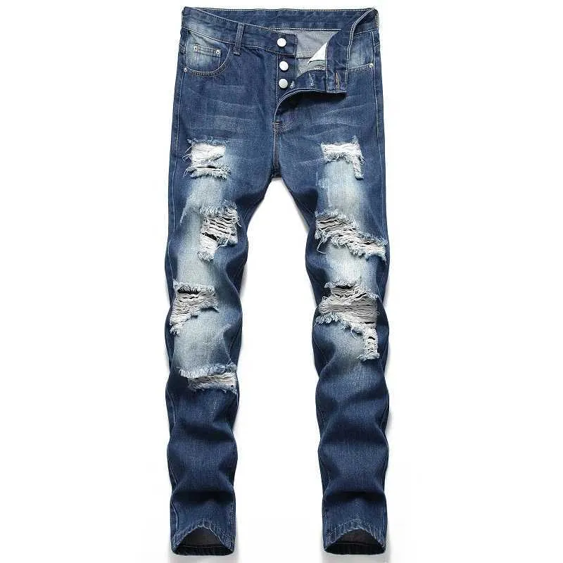 Jeans masculin mens nostalgique jeans bleu jeans boutons hous les trous personnalisés du denim mâle plus mâle 42 42 y240507
