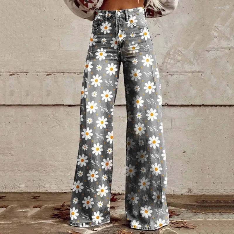 Pantalon féminin Femmes Vintage Floral Imprimé haute taille à la taille large pour un pantalon à boutons rétro avec des poches en détresse longtemps