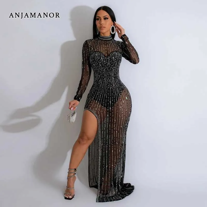 Black Mesh Rhinestone Maxi Dress Evening Party Dress with High Slit for  Women from Dhgate Basic & Casual Dresses - price 22.35