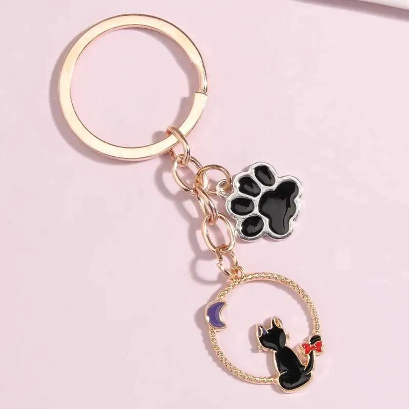 Keychains Lonyards mignon émail clé clé Moon Cat Bowknot Heart Key Ring Round Key Chains Cadeaux Animal pour les femmes Men Keys Car clés Diy Bijoux faits à la main