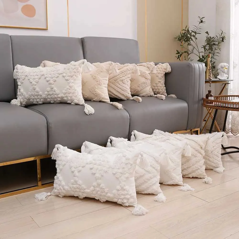 Cushion/Decorative Square White Diamond Cushion Covers Decor Home Four Corners Tassel Covers Decorative White Throw Covers
