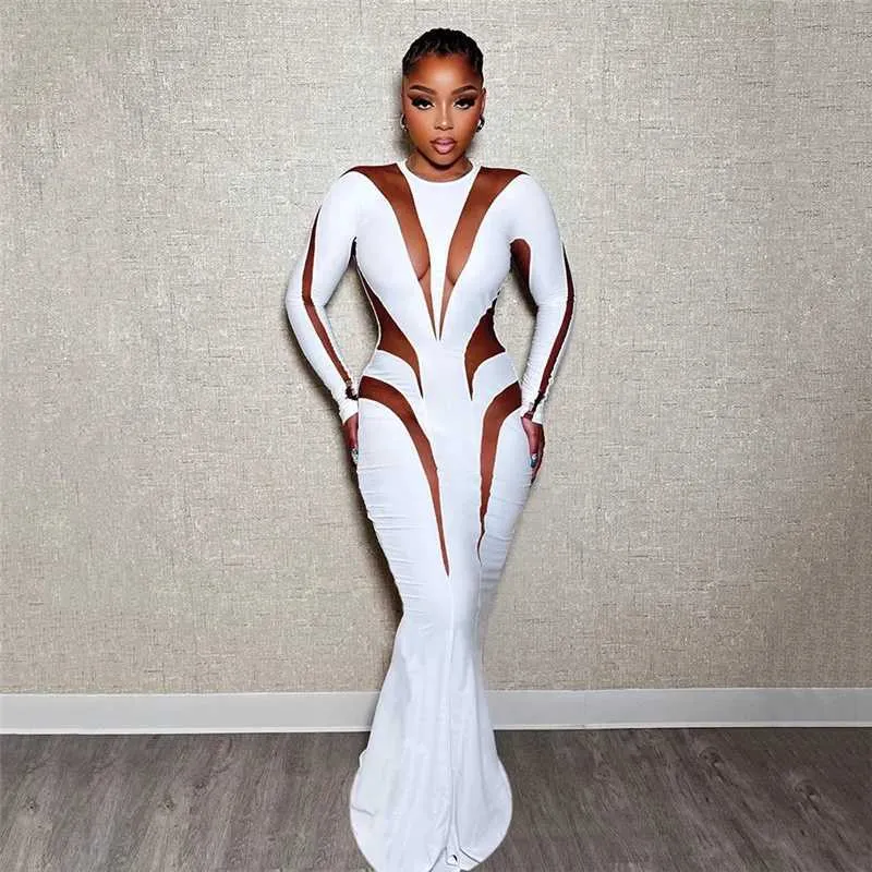 2024 Sexy White Maxi Dress: Sheer Mesh Insert Elegant Party