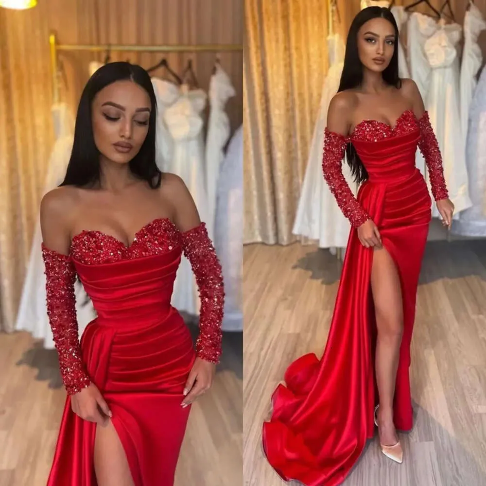 Thigh Prom Dresses Sweetheart Sequins Slit Sleeves Party Evening Dress Pleats Long Special Ocn Dress