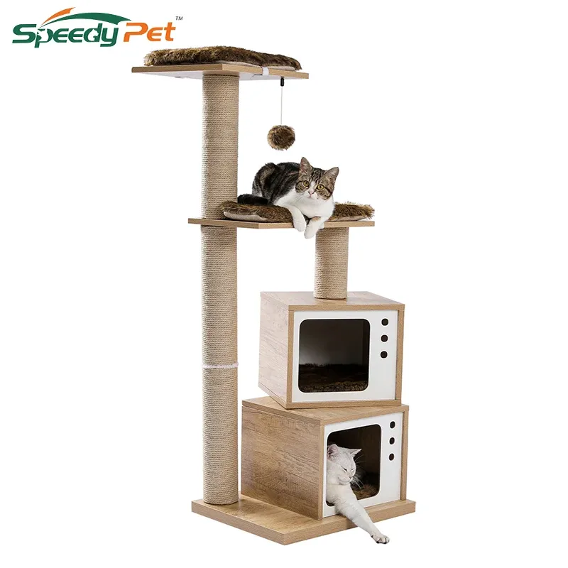 Scratchers Wooden Cat Tree Modern Cat Tower Scratching Post Multilayer Platform Activity Center with Interactive Ball and Removable Mats