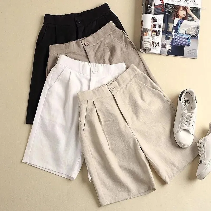 Shorts voor dames kaki solide casual linnen katoenen elastische hoge taille wijd been knop losse Koreaanse mode zomer vrouwen 2024