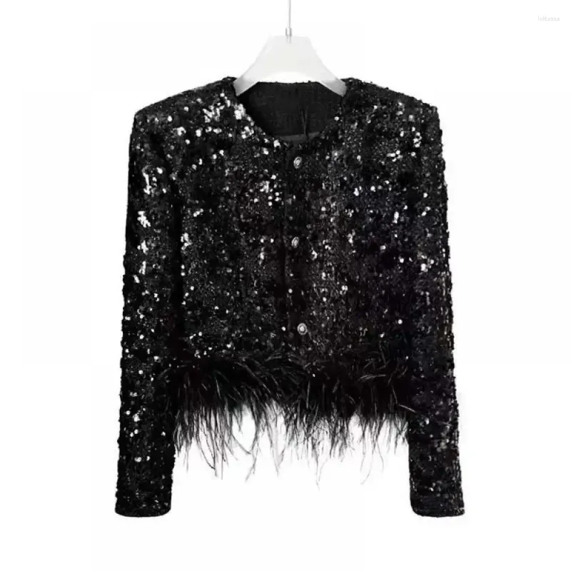 Women's Jackets High Quality Fashion Sequin Fur Patchwork Luxury Black Jacket Cardigans Slim Top Spring Women Single Breasted Blazer 2024