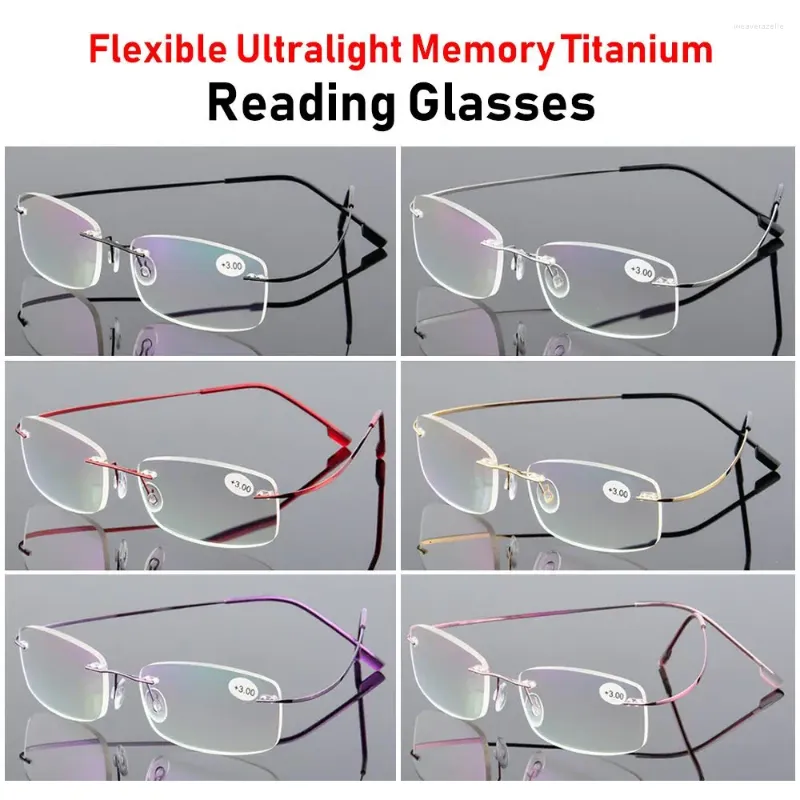 Zonnebrillen Sterkte 1.0- 4.0 Flexibele ultralichte Presbyopische bril Randloze geheugen Titanium leesglazen