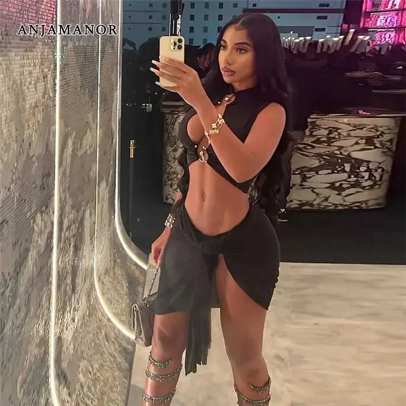 Two Piece Dress ANJAMANOR Sexy Black 2 Piece Set Women Outfit 2023 Summer Clubwear Wrap Skirt and O Ring Cut Out Crop Top Matching Sets D87-BE24 T240507