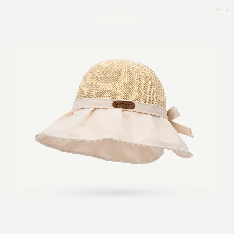 Breda randen hattar sommarkvinnor hink hatt med sjal andningsbar strand solkapla stora bowknot damer ansikte nackskydd visir