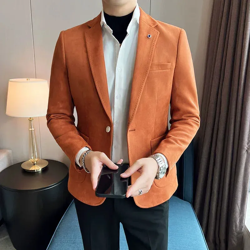 Fashion Suit Coat Mens Slim Fit Deersskin Velvet Elegant Luxury Blazer Business Casual Wedding Plus Size 4xls 240430