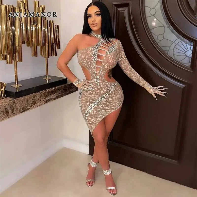 Robes sexy urbaines Anjamanor Nude Mesh Crystal Robe Sexy Club Tenues pour femmes Party Irréguleux Backless Mini robe courte Robe pour femmes D42-GZ30 T240507
