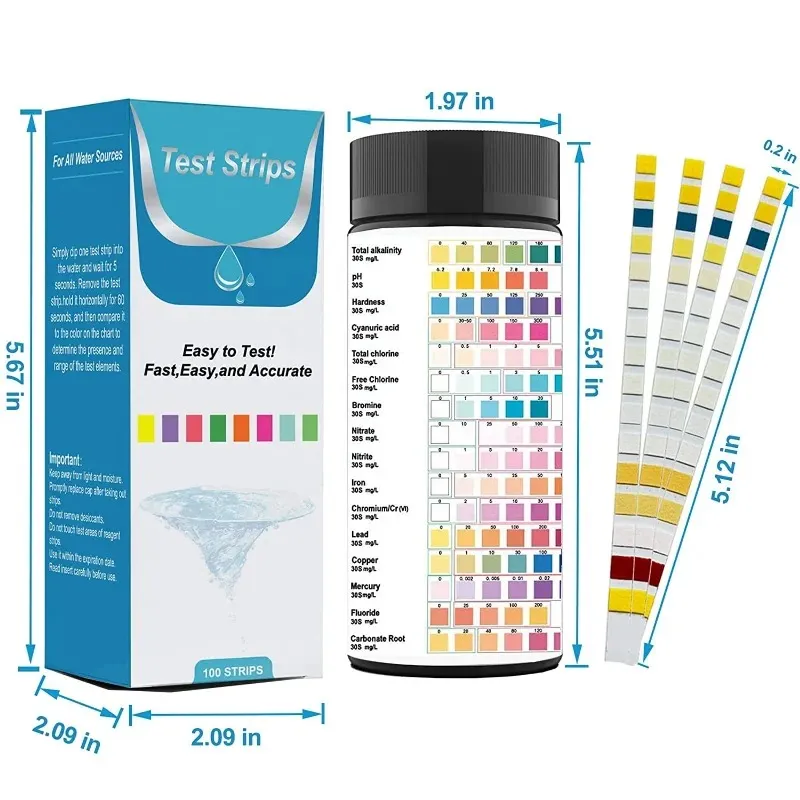 경도, 염소, 불소, 미량 중금속, pH 균형 등을위한 새로운 식수 테스트 키트 테스트 스트립