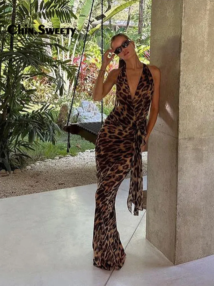 Save Big on Bulk Long Sleeved Leopard Dress Leopard Print Long Dress Sexy Spaghetti Strap Sundress Women's Casual Vacation Beach Party Dress Best