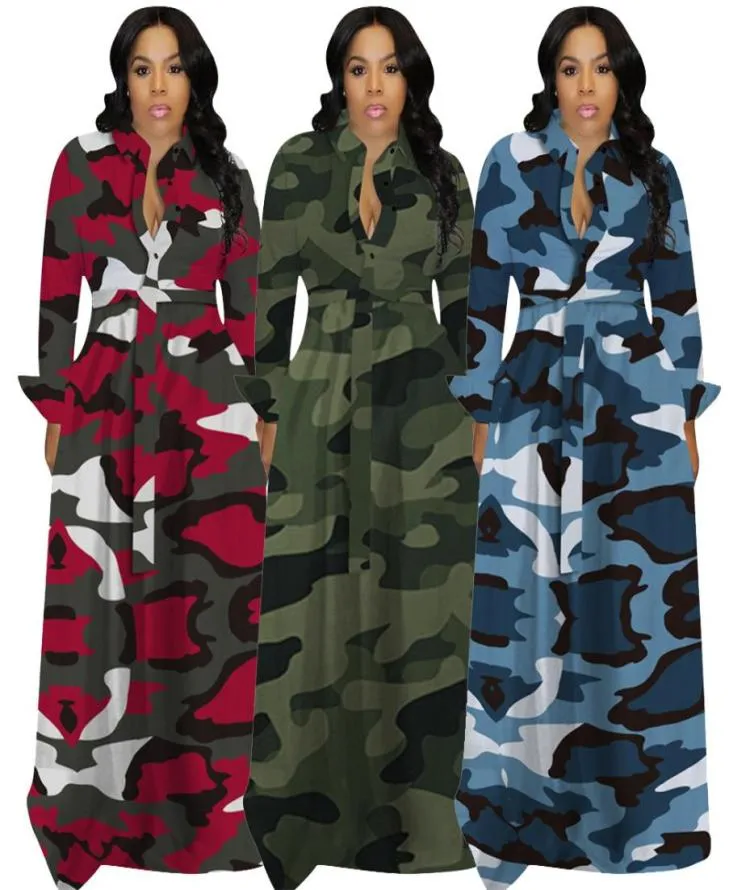 Kvinnor kamouflage lång klänning eleganta långa ärmar lapel nackknappar en linje avslappnad maxi skjorta klänningar golvlängd s9082698