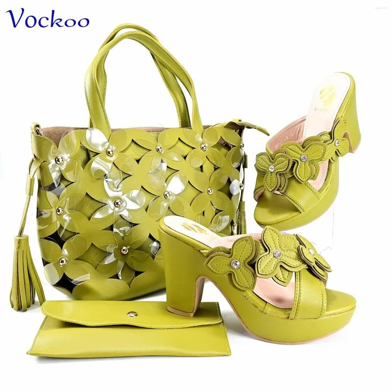 Zapatillas de vestir zapatilla de estilo clásico con plataforma elegante para mujeres africanas bolsas a juego en color verde limón para fiesta de bodas