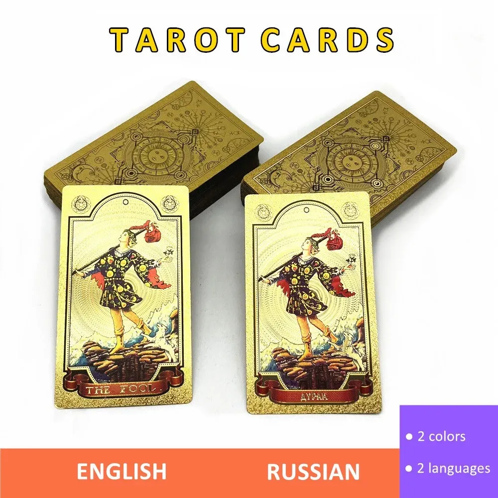 Games Hoogwaardige plastic Tarot Gold Foil Russische Engelse Divination Cards Oracle Deck Witch Board Game L751