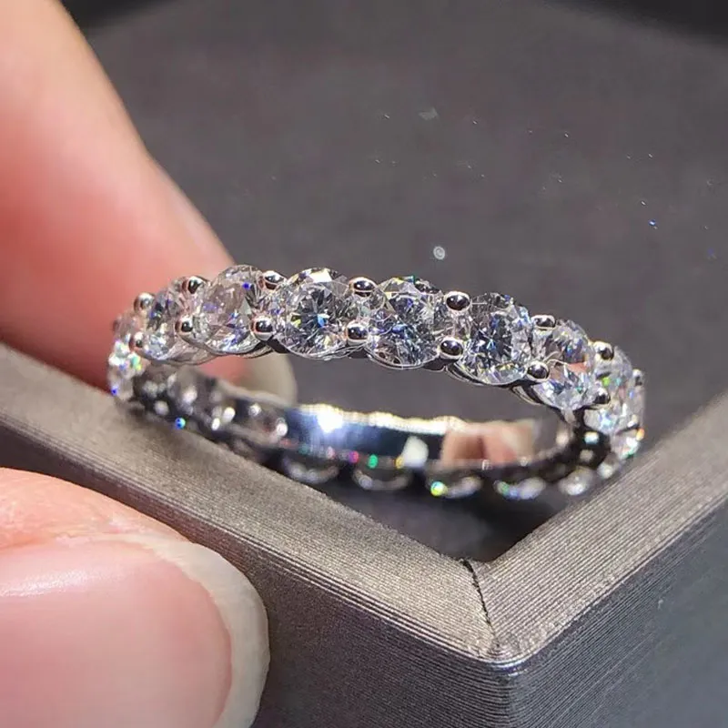 Eternity 3 mm Moissanite Diamond Ring Real 925 Sterling Silver Party anillos de boda para mujeres Joyería de compromiso