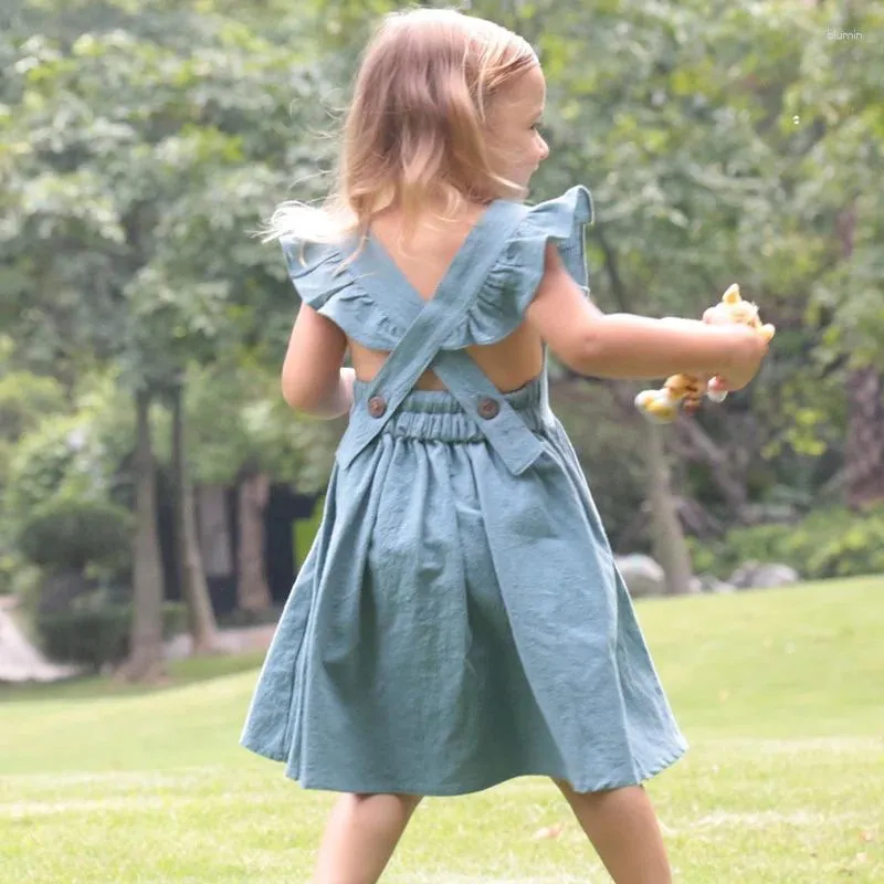 Vestidos de menina verão Criança Criança Criando e linho Crianças de praia Correias de fivela para meninas roupas de moda